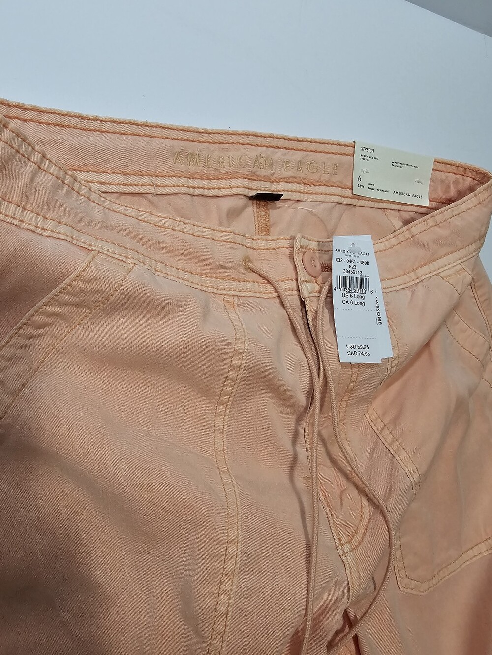 NWT American Eagle Pink Baggy Wide Leg Cargo Jeans Size 6 Long Stretch - Picture 2 of 5